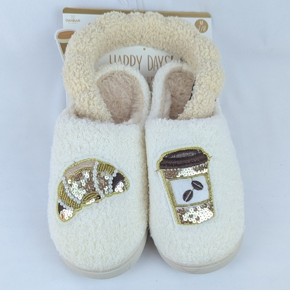 Slippers & Headband Coffee Croissant Sherpa Embroidery Sequins Ivory M (7/8) NWT - Picture 8 of 16